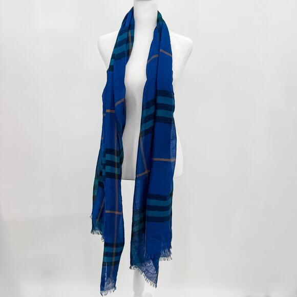 Burberry Scarf Authentic Blue Gauze Oversized Lightweight Plaid Nova Check Sheer - Picture 2 of 10
